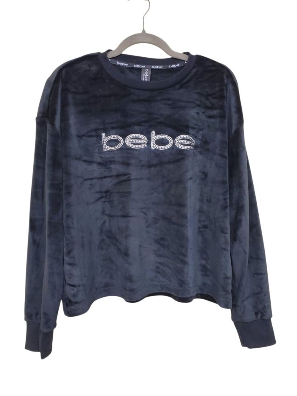 Bebe Sleepwear Women's Black Gem Logo Spell Out Velvet Lounge Sweatshirt Size L